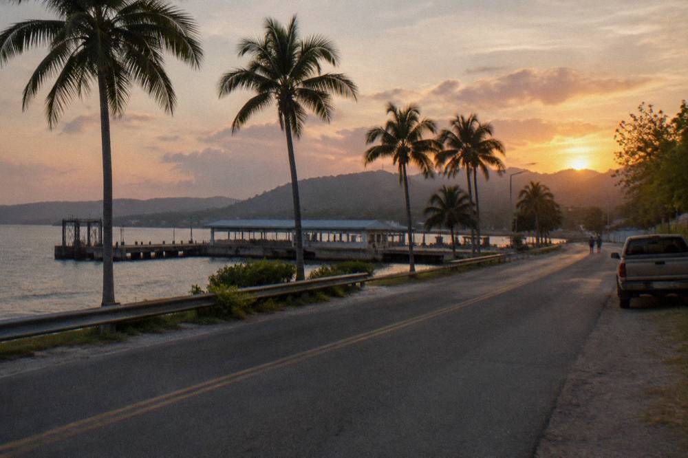 A coastal road at dusk winding past palm trees toward distant hills