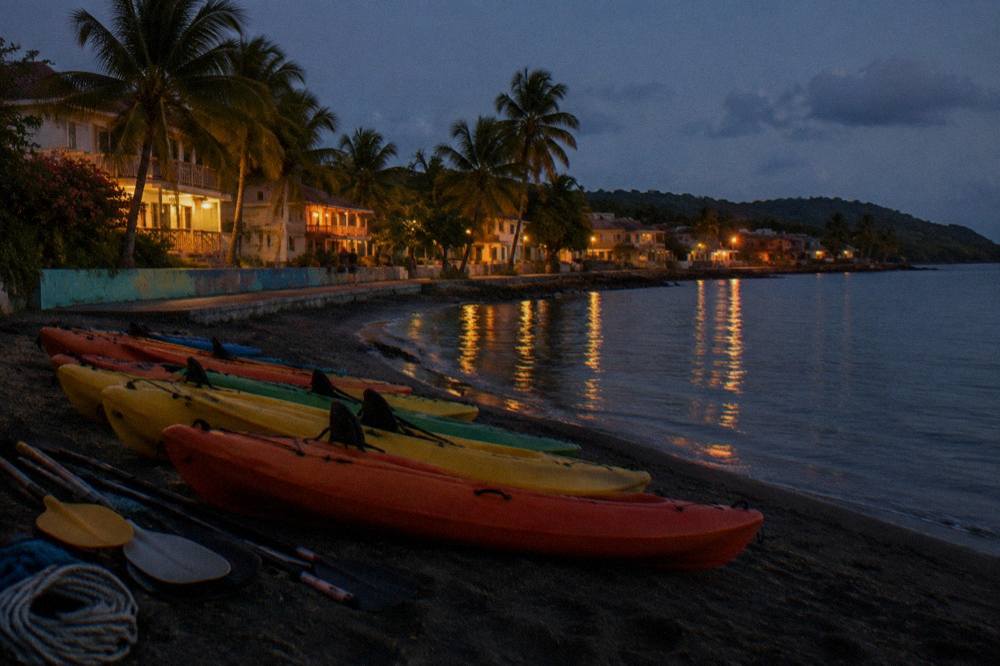 Kayaks lined up on a dark shore beside calm water before a night tour