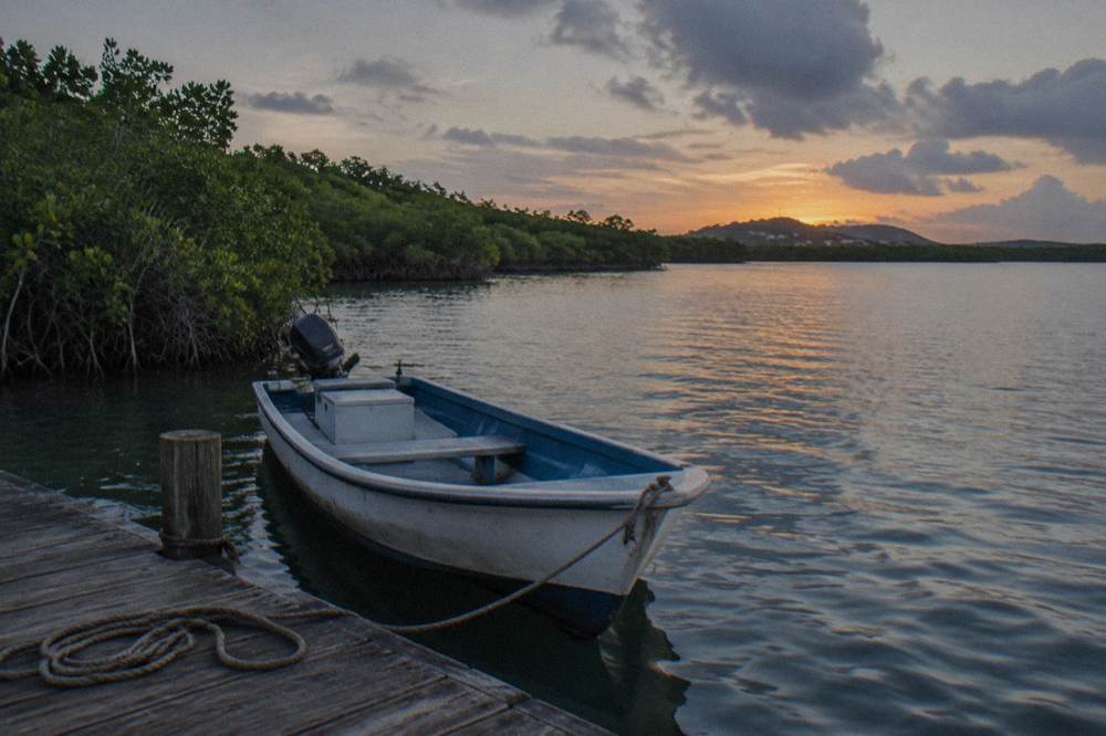 Small tour boat at a dock at dusk with calm water and darkening sky