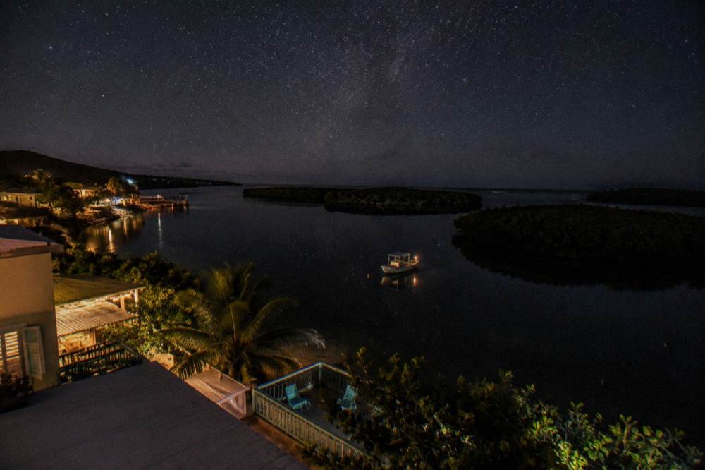 Calm dark lagoon water reflecting a starry night sky between mangrove silhouettes