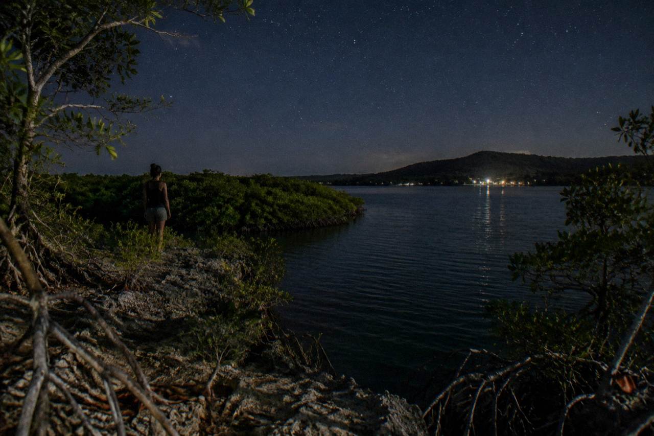 A narrow mangrove channel leading to a dark lagoon under a starry night sky