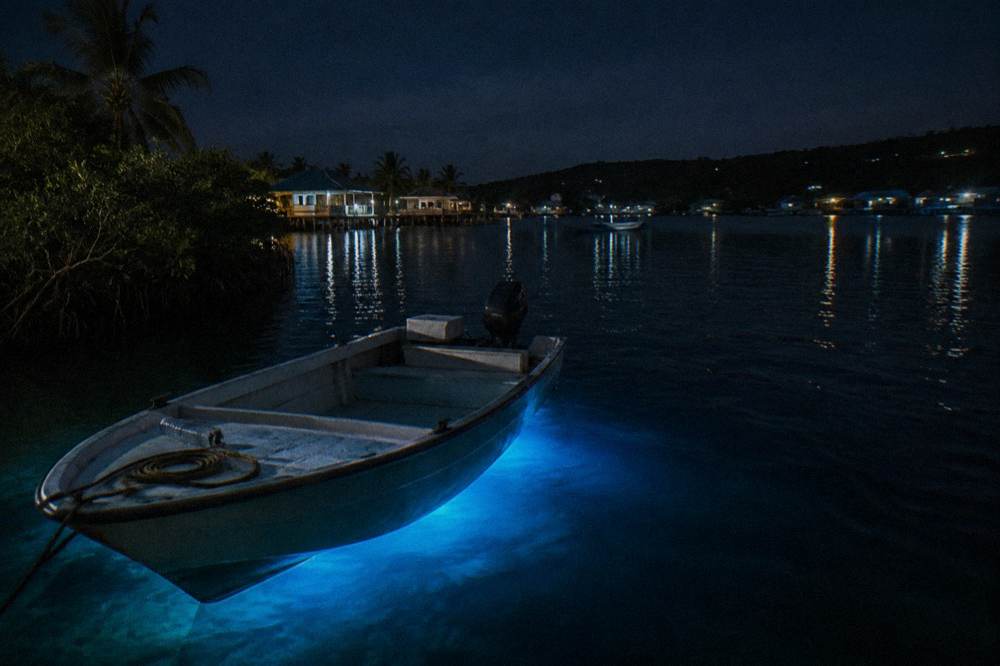 A small boat resting on still dark water at night with a faint blue glow beneath the surface