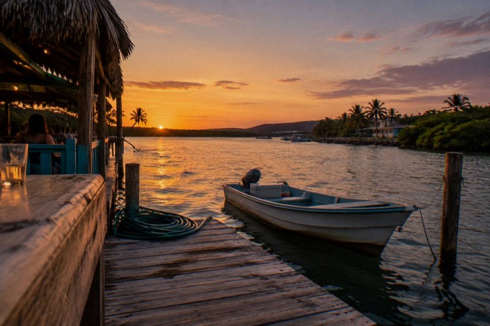 Small open boat moored at a dock under a fading sunset sky