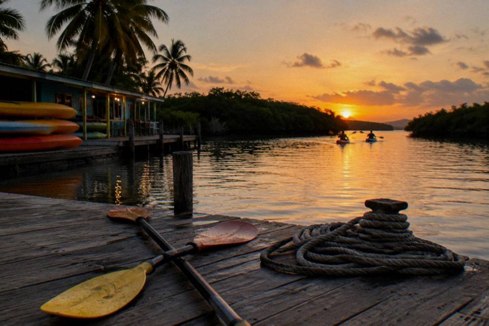 A calendar page beside a pair of paddles resting on a dock at dusk