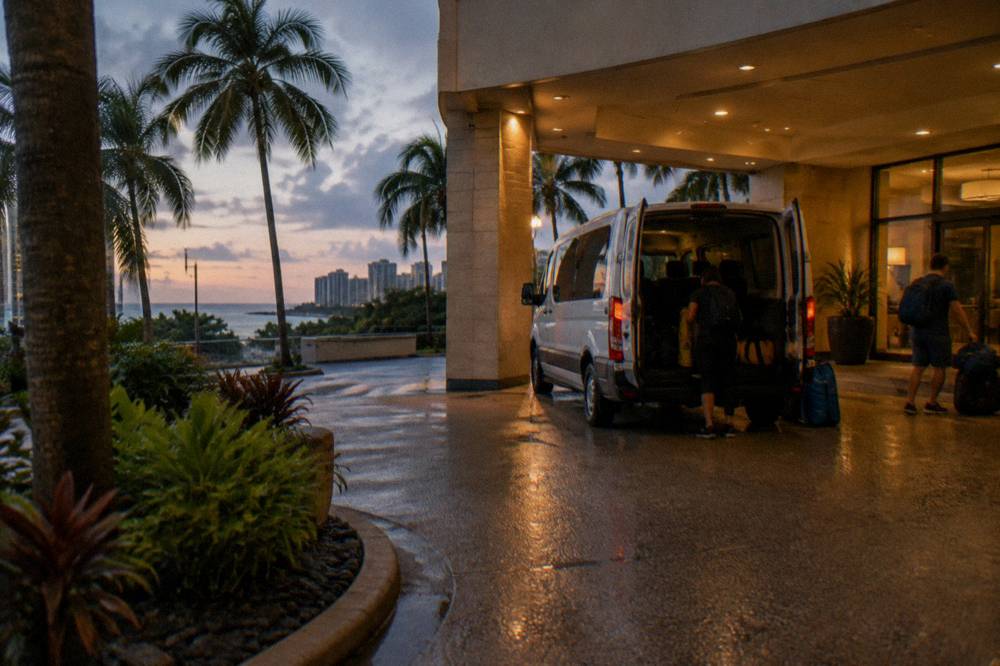 A van parked at a hotel entrance at dusk while travelers board for a night tour