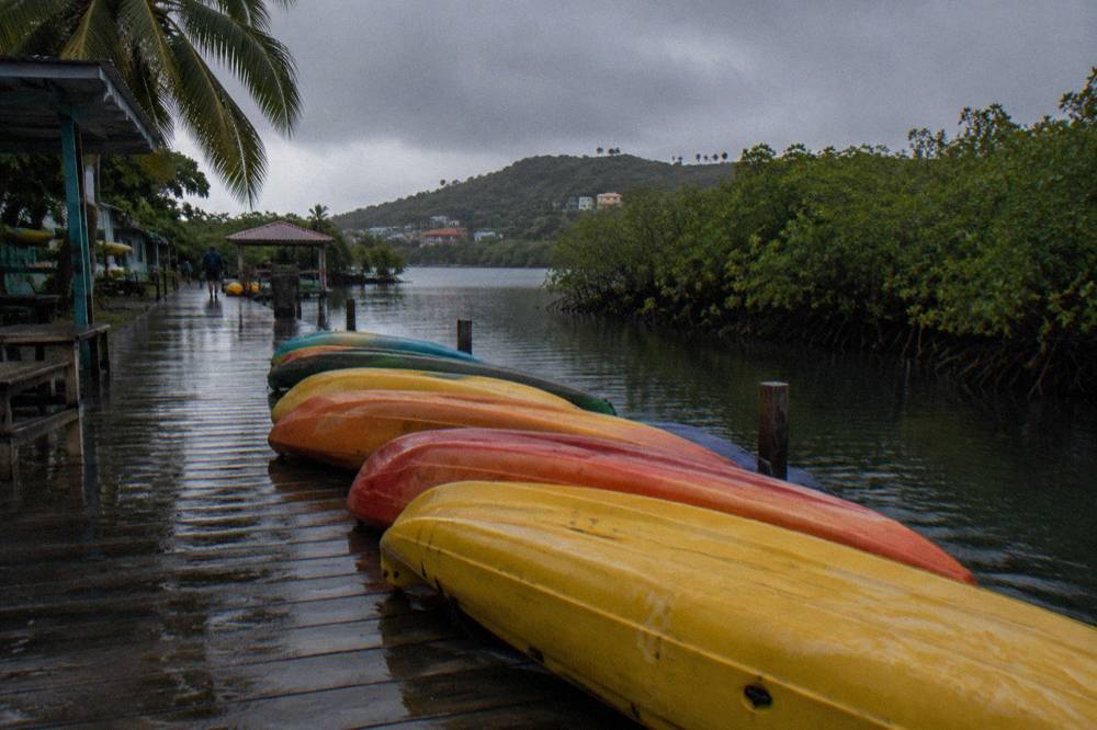 Empty kayaks lined up on a dock under grey evening clouds