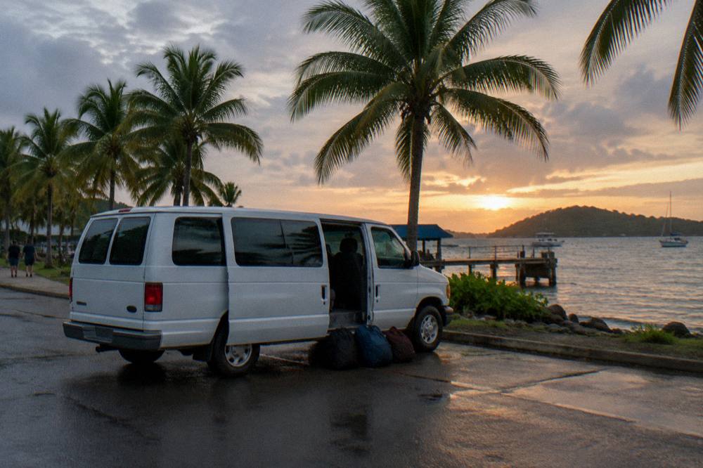 A touring van parked on a coastal road at dusk with palm trees along the shoreline