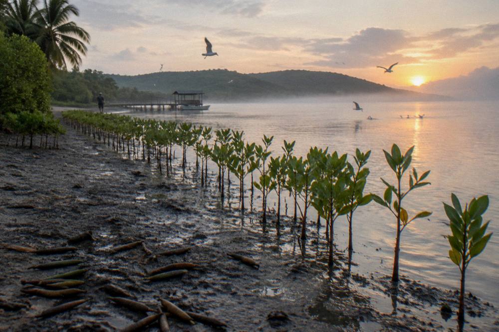 Young mangrove seedlings planted in rows along a sheltered shoreline at dawn
