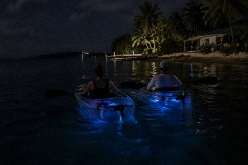 Clear bottom kayaks floating on dark water with hands trailing near the transparent hull
