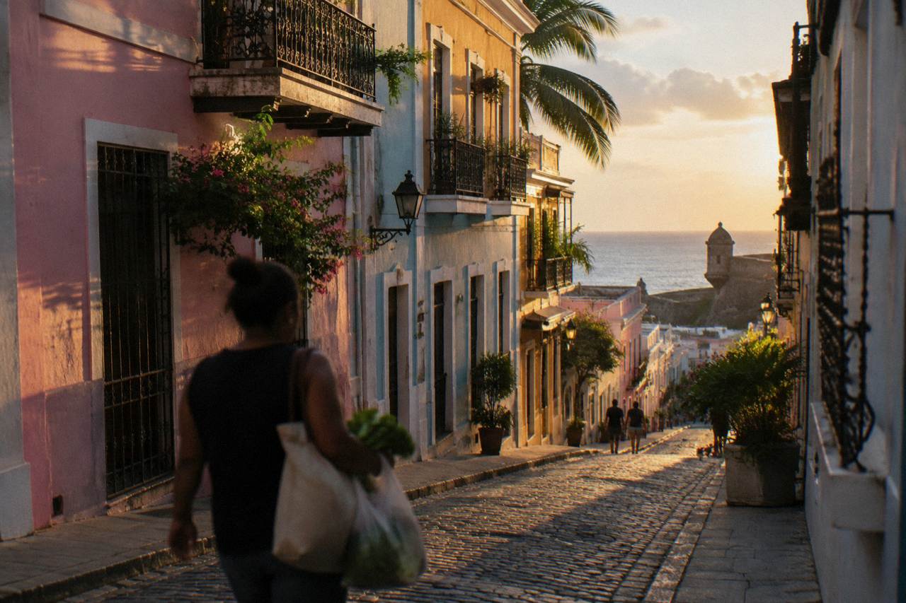 Colorful colonial street in Old San Juan at golden hour with pastel facades and cobblestone road