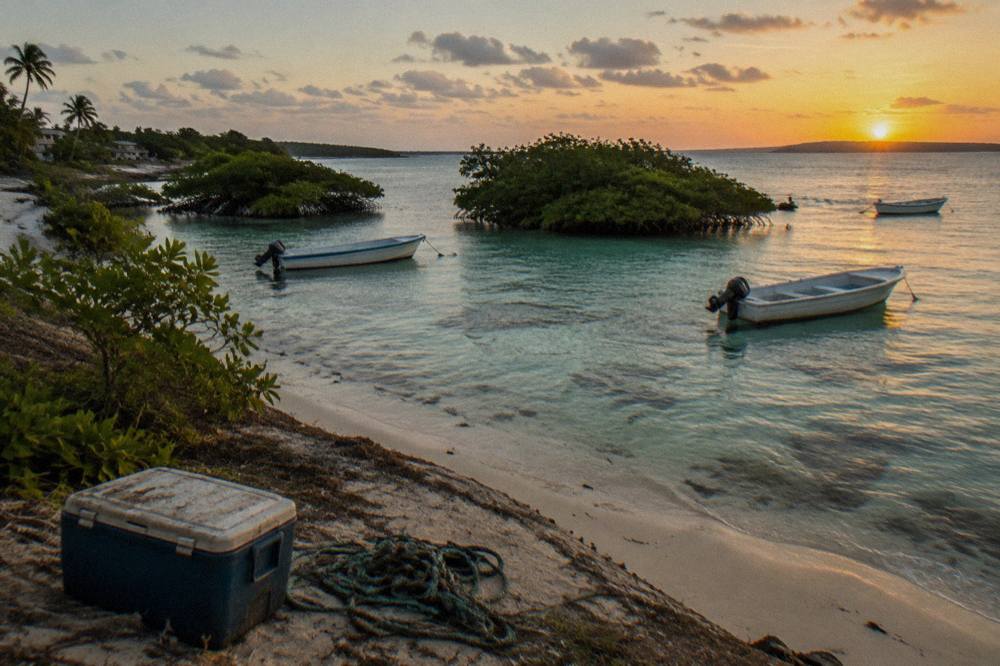 Small boats anchored in shallow turquoise water near mangrove islands at sunset
