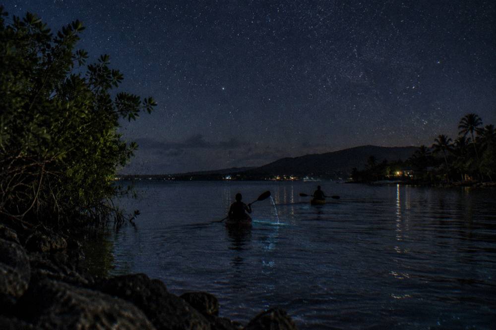 Two kayaks silhouetted against a star-filled sky, with a faint blue swirl in the water where a paddle has just lifted.