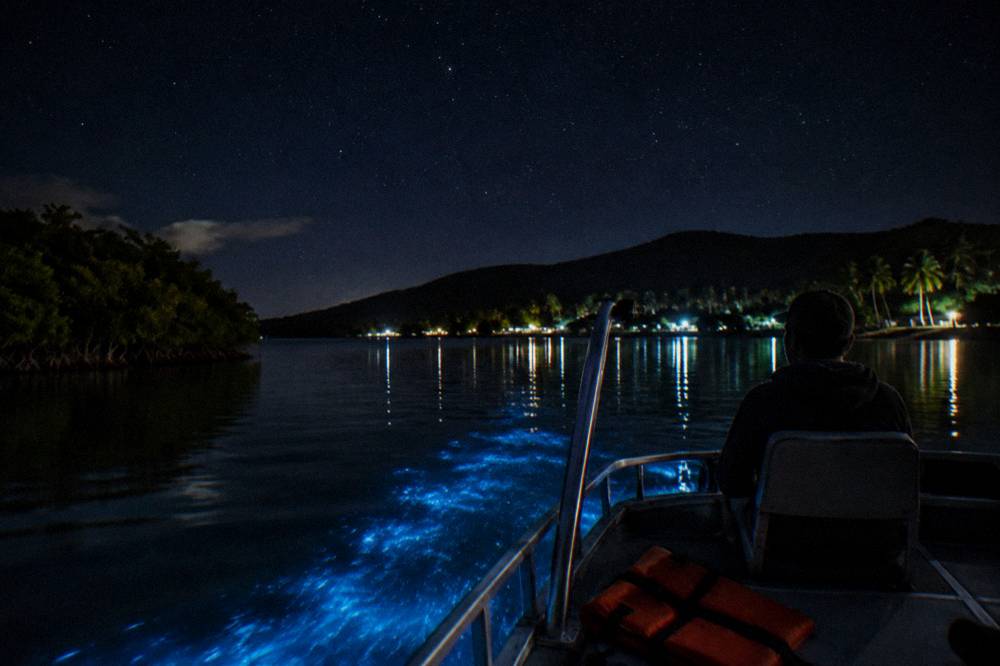 A pontoon boat drifting on a calm bay under a starry sky, with a faint blue glow trailing behind the hull.