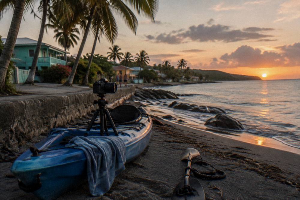 A small tripod with a camera mounted on it, sitting on the deck of a kayak, with a paddle resting beside it.