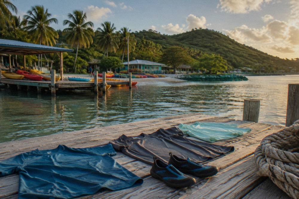 Quick-dry shirts and water shoes laid out on a wooden bench before a night paddle